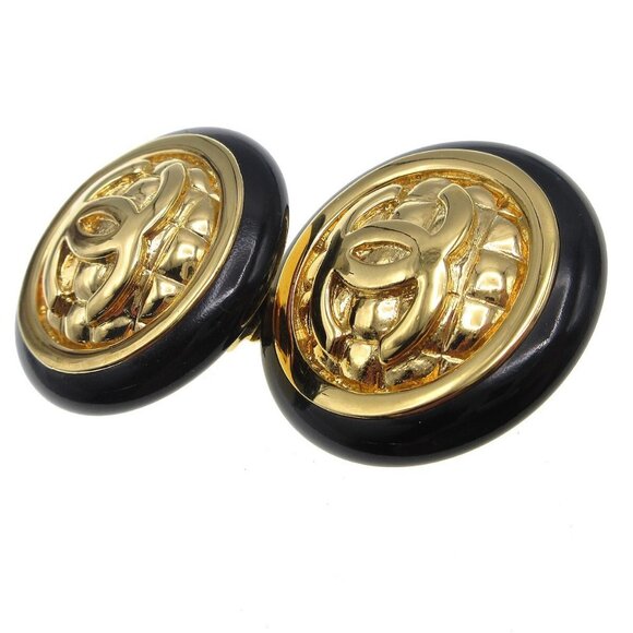 Chanel Button Earrings Clip-On Black Gold 19874 - Picture 5 of 5
